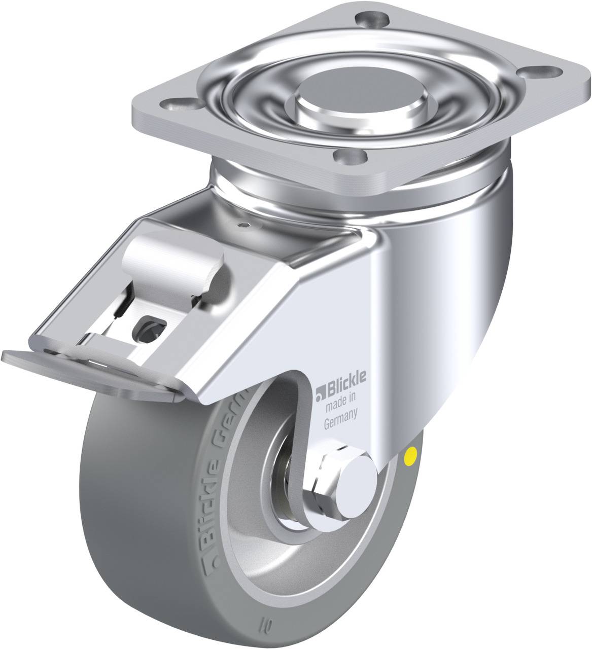 Ein metallisches Lenkrolle mit grauem Gummirad und Befestigungsplatte, hergestellt von der Firma Blickle in Deutschland.