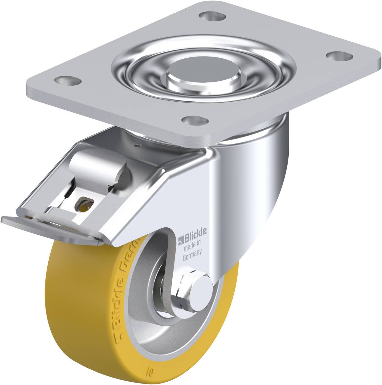 Metallschwenkrolle mit gelbem Rad, Montageschild und Bremse, geeignet für Möbel- oder Industrieanwendungen.