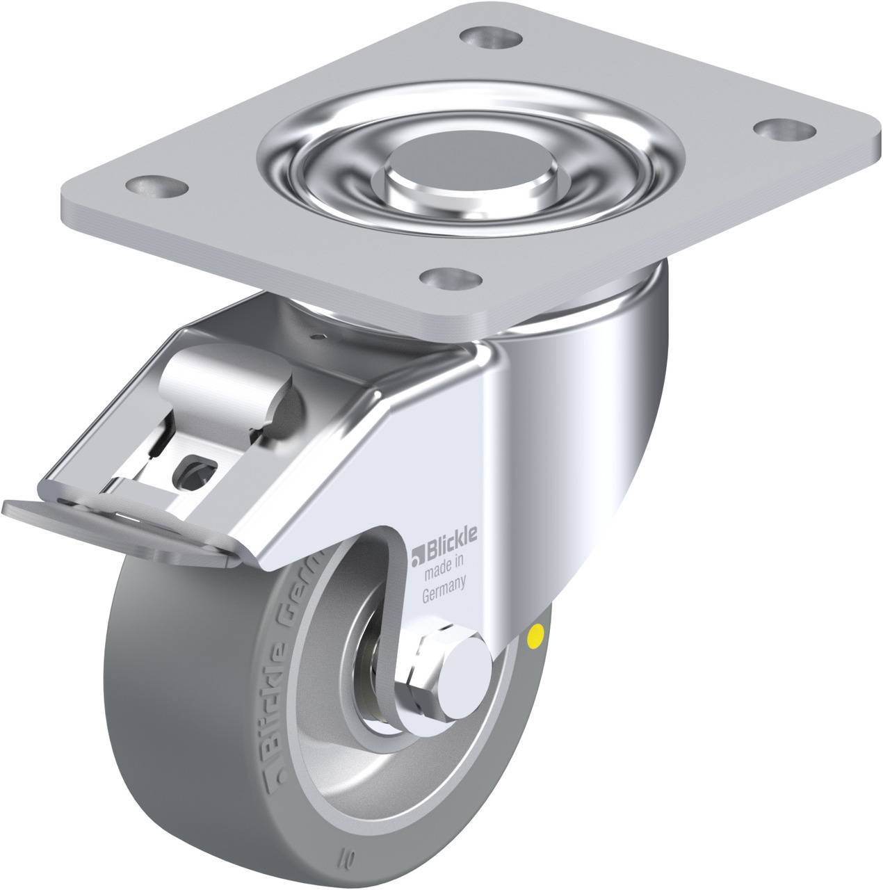 Schwenkrolle mit feststellbarem Metallgehäuse und grauem Rad. Geeignet für Schwerlastanwendungen, produziert in Deutschland.
