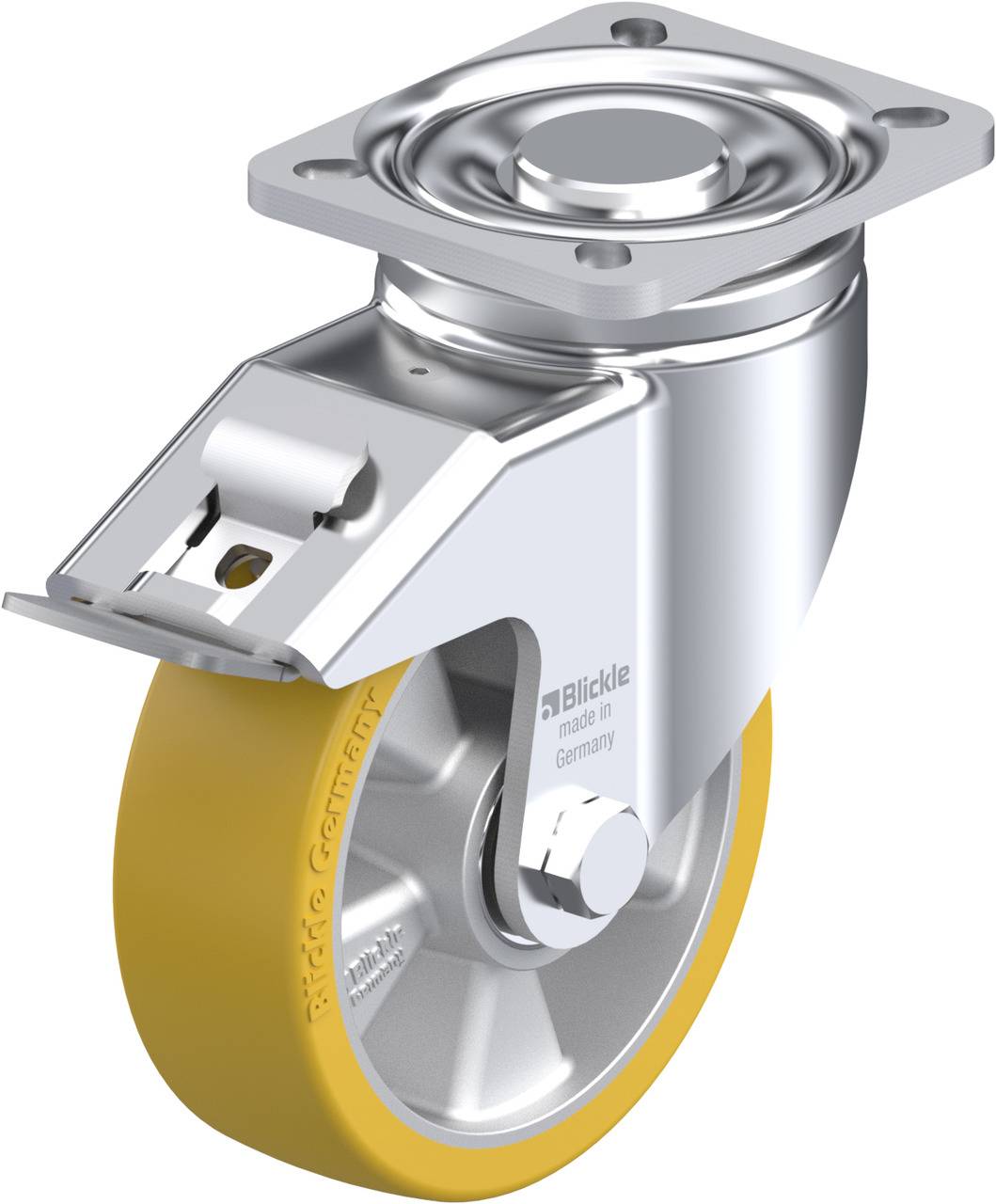 Eine gelbe Lenkrolle mit Metallhalterung. Text auf der Rolle: 'Blickle made in Germany'. Verwendet für mobile Befestigungen.