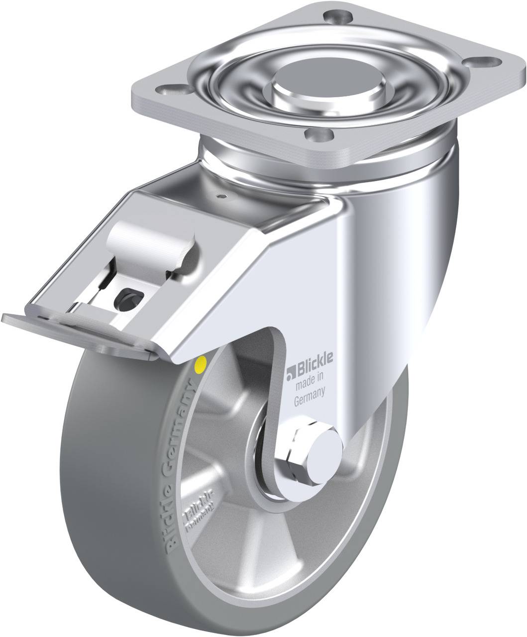 'Drehbar' Lenkrolle aus Metall mit Bremse, geeignet für schwere Lasten, in schwacher Beleuchtung.