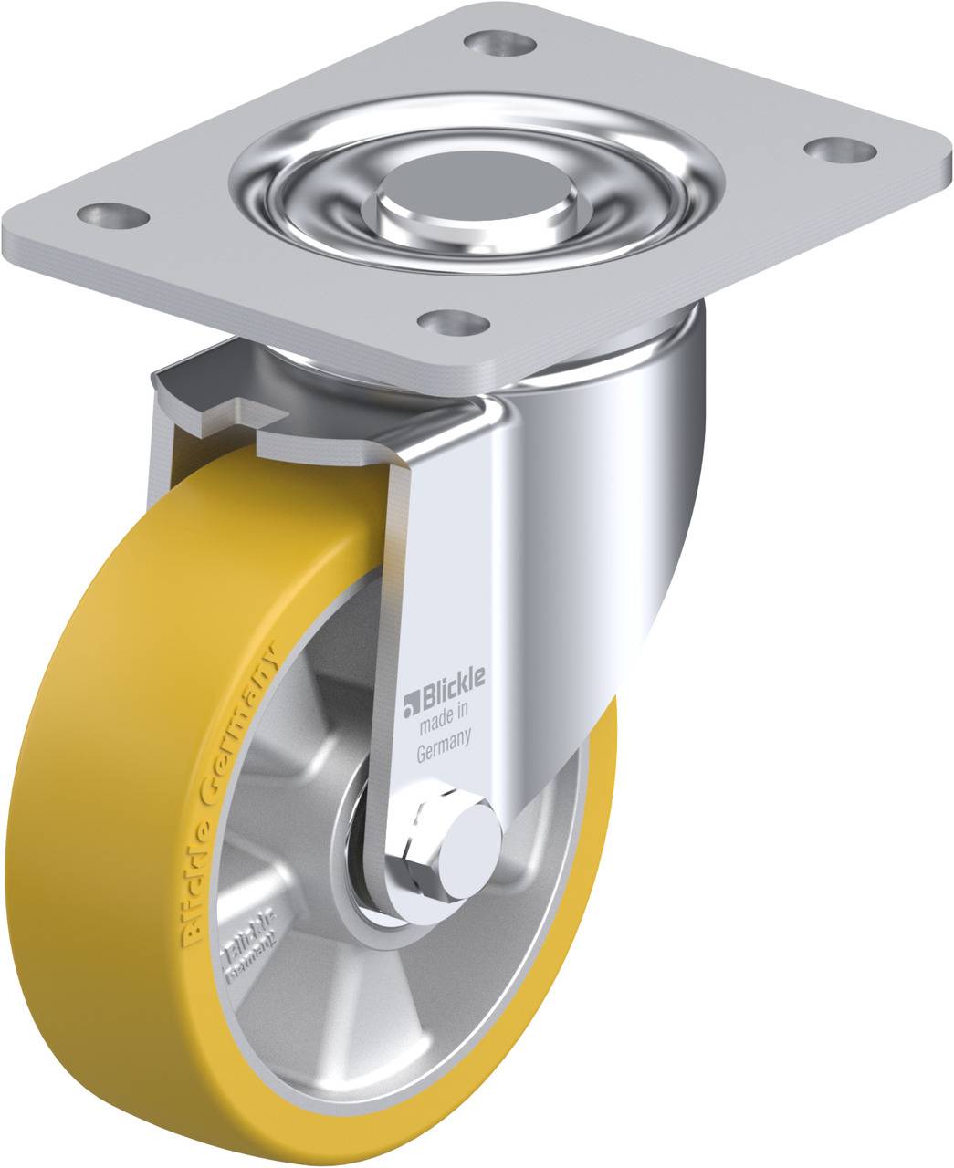 Metallisches Rad mit gelbem Reifen und Befestigungsplatte, geeignet für Möbel oder Transportgeräte. Markenname 'Blickle' sichtbar.