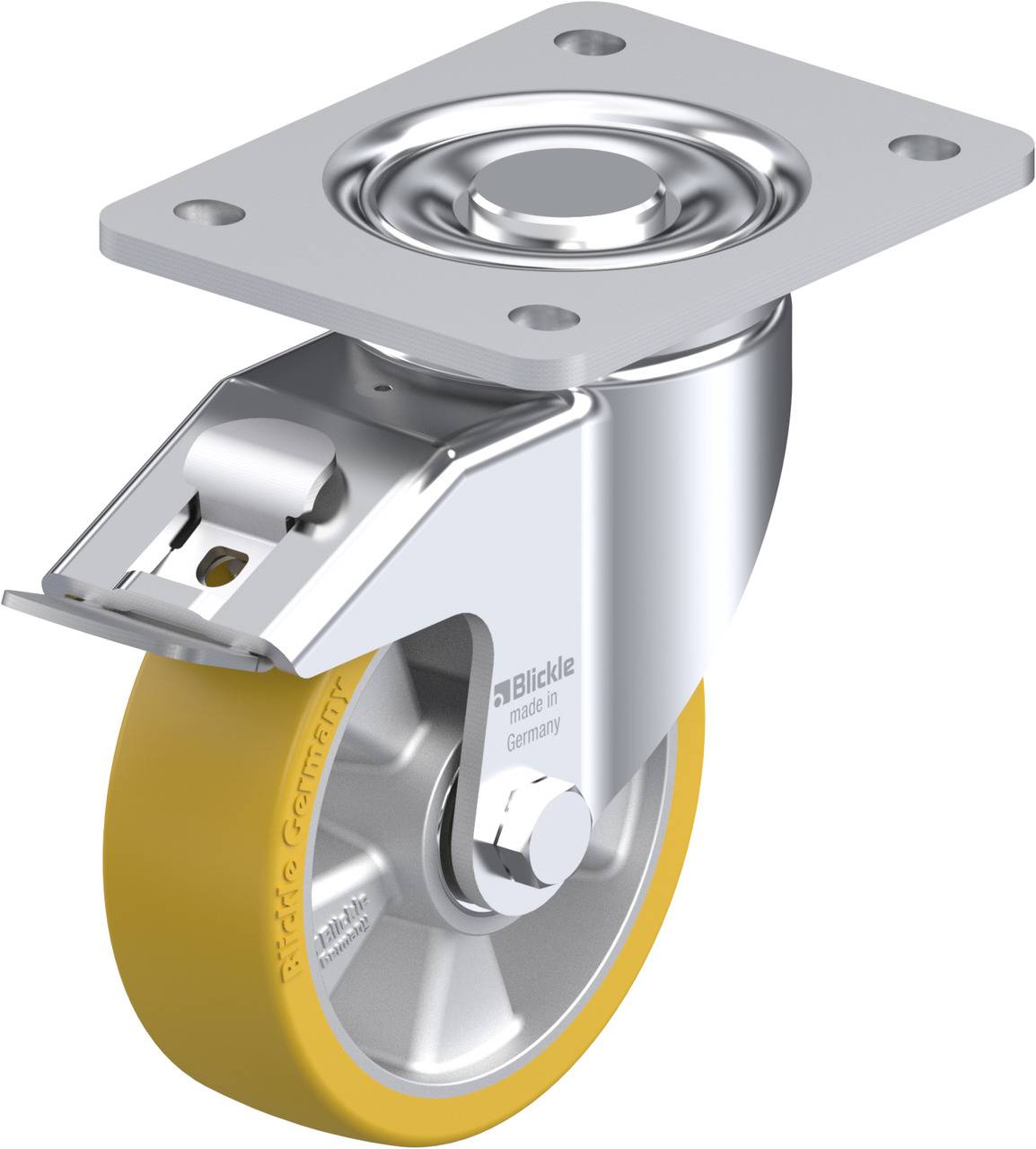Industrie-Rolle mit gelbem Polyurethan-Rad und einem Metallgehäuse, das sich um 360 Grad drehen kann. Ideal für Transportwagen.