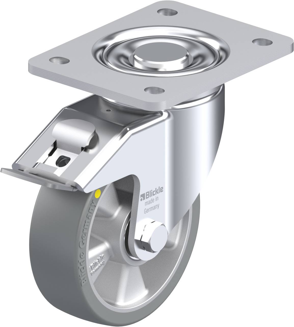 Metallisches Lenkrollenrad mit rechteckiger Montageplatte und integriertem Drehmechanismus, hauptsächlich für industrielle Anwendungen.