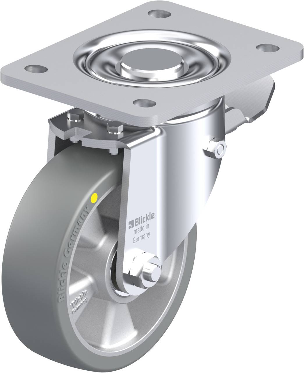 Metalllenkrolle mit Bremse, graues Rad mit geriffelter Lauffläche, Markenname auf Gehäuse; Industriedesign für schwere Lasten.