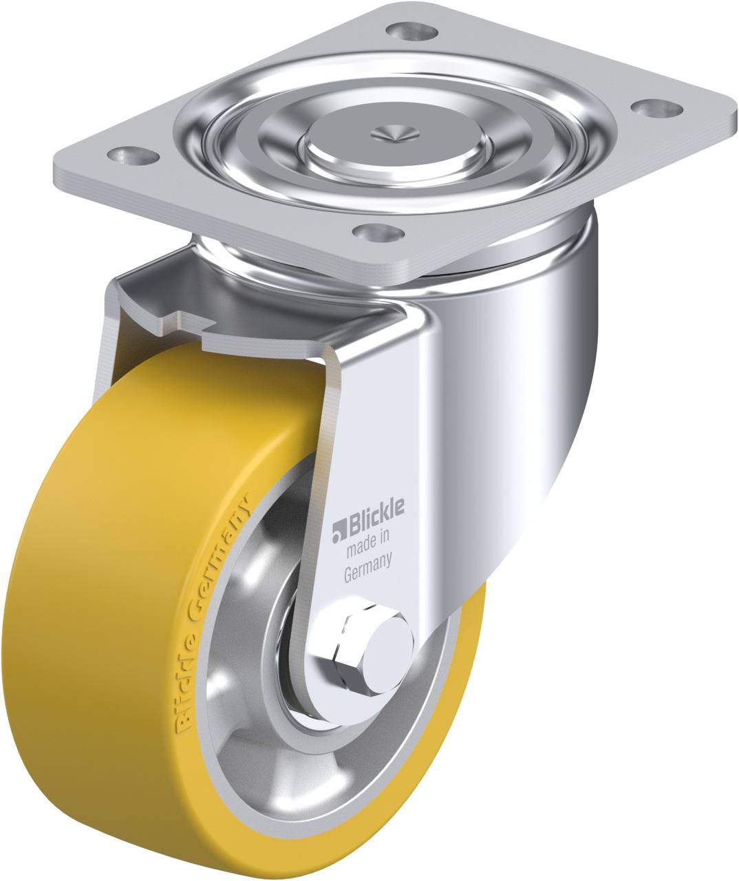 Eine schwenkbare Lenkrolle aus Metall mit gelbem, gummiertem Rad, geeignet für industrielle Anwendungen.