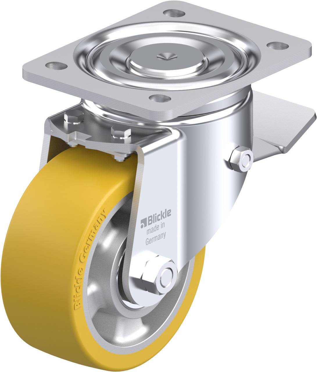Drehbares Rad mit gelbem Gummi und Metallgehäuse, geeignet für Möbel oder Geräte, hergestellt in Deutschland von Blickle.