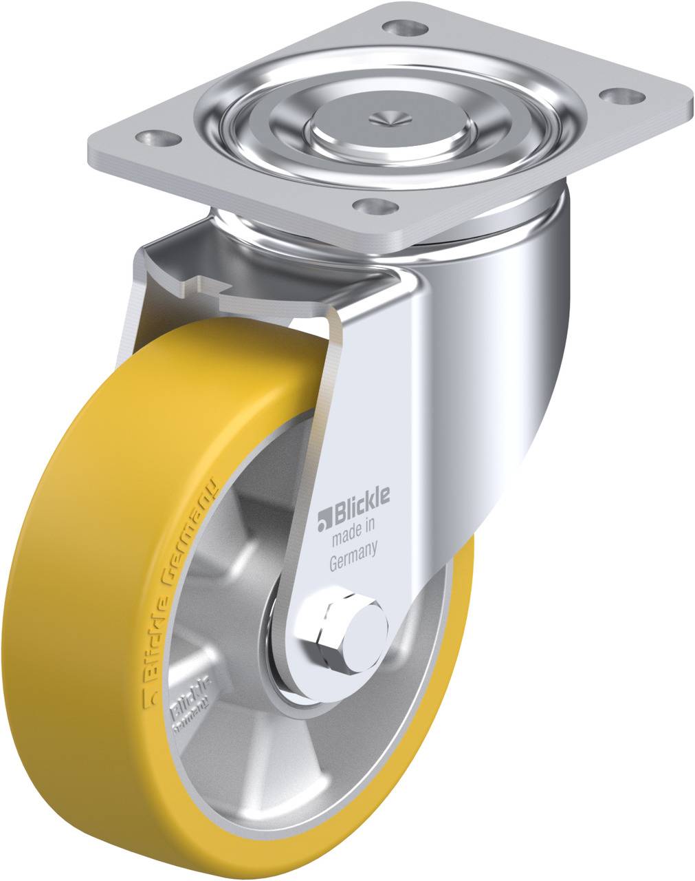 Schwenkrolle mit gelbem Rad und Metallplatte. Geeignet für industrielle Anwendungen, ermöglicht leichtes Bewegen von Geräten und Möbeln.