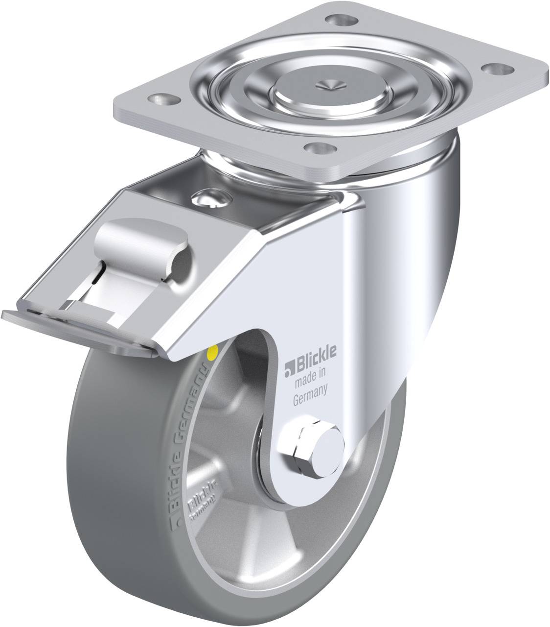 Schwenkrolle aus Metall mit grauem Rad und rechteckiger Befestigungsplatte; 'Blickle made in Germany' auf dem Rad eingeprägt.