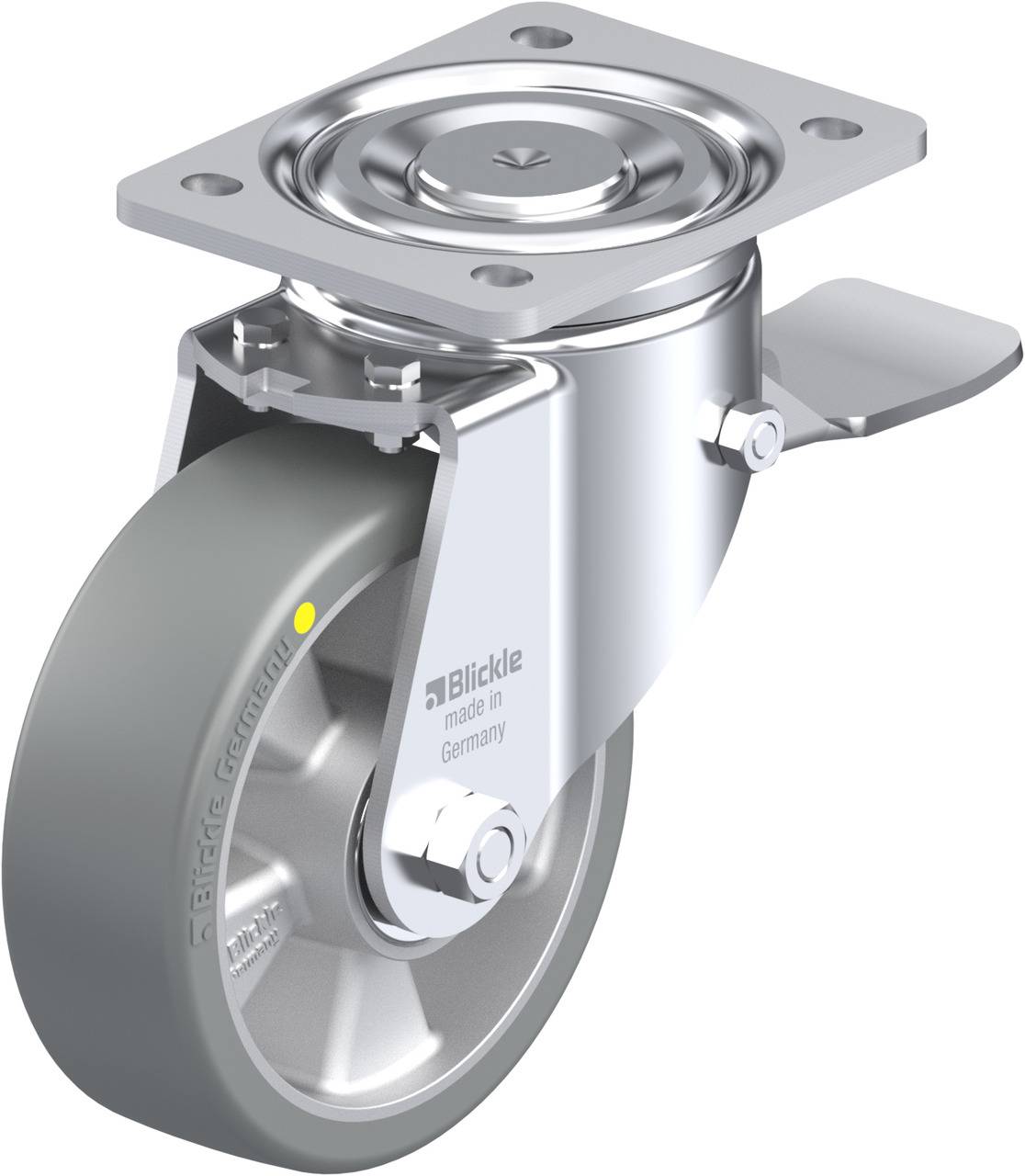 Metallische Lenkrolle mit grauem Rad und Halterung, geeignet für Möbel oder Geräte. Beschriftung: Made in Germany.