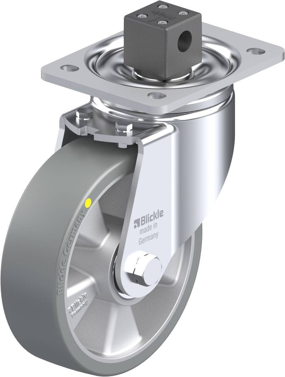 Schwenkrolle aus Metall mit grauem Rad und schwarzer Montageplatte. Herstelleraufschrift 'Blickle made in Germany' sichtbar.