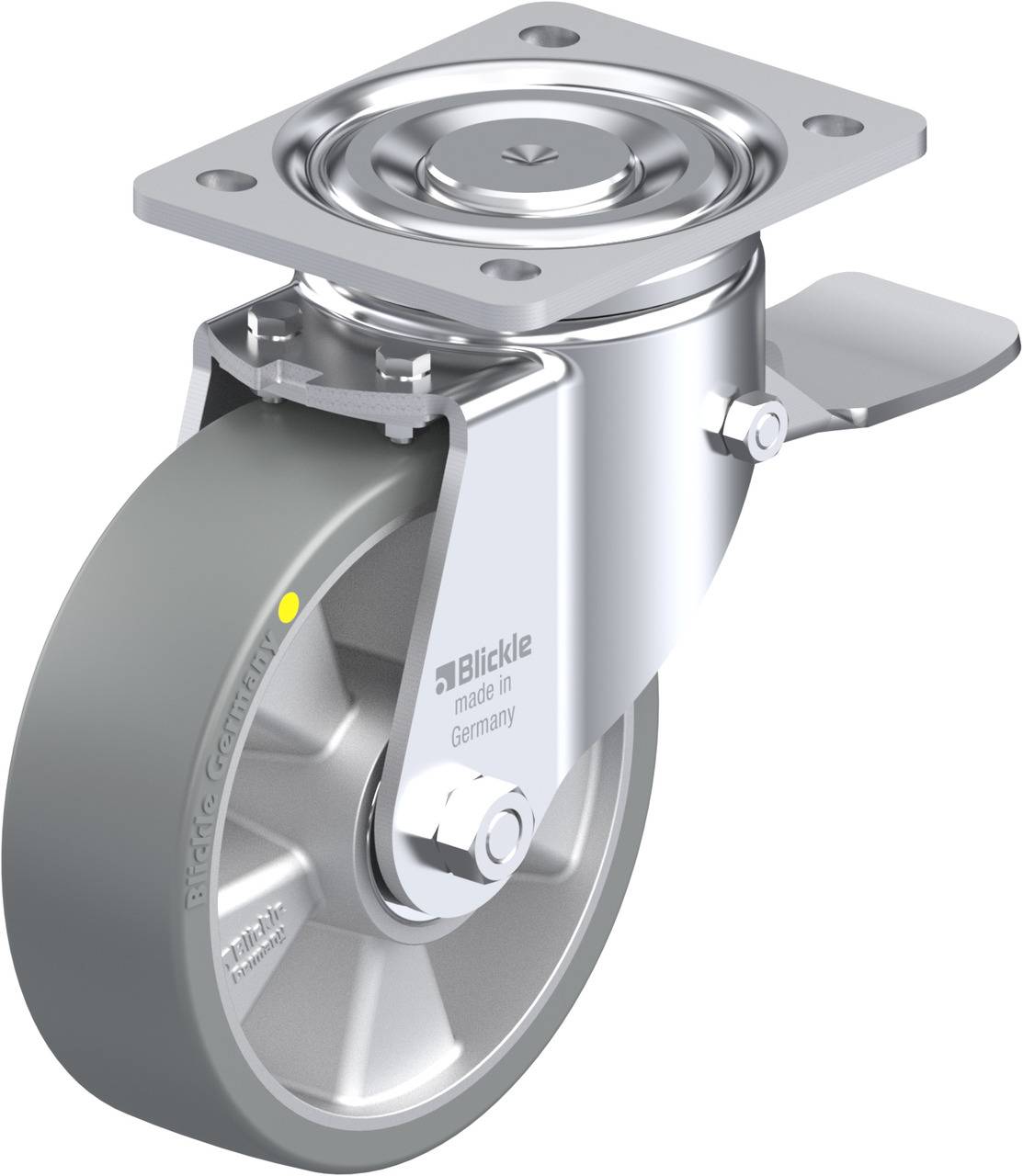 Ein drehbares Lenkrollenrad mit Metallplatte und grauer Gummibereifung. Aufschrift: 'Blickle made in Germany'.