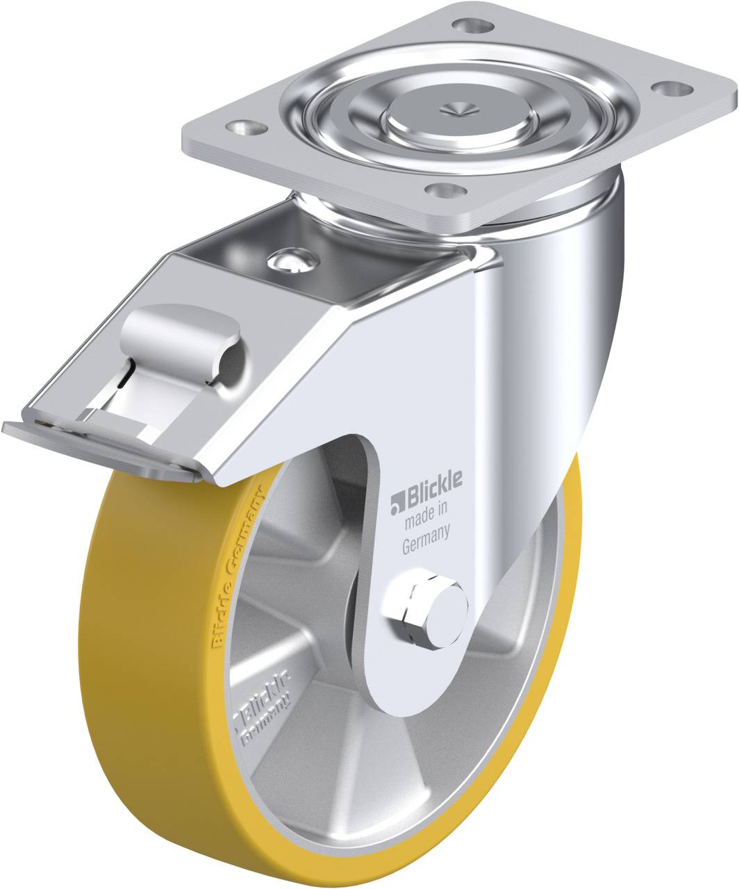 Transportrolle mit gelbem Rad und silberner Halterung, geeignet für Möbel oder Industrieanwendungen, produziert in Deutschland.