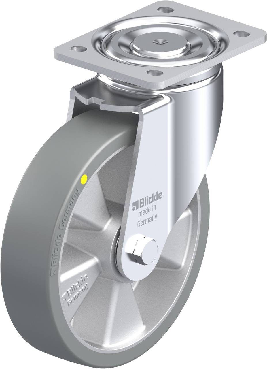 Schwenkrolle mit grauem Rad und Metallgehäuse, plattenförmig zur Befestigung. Geeignet für industrielle Anwendungen.