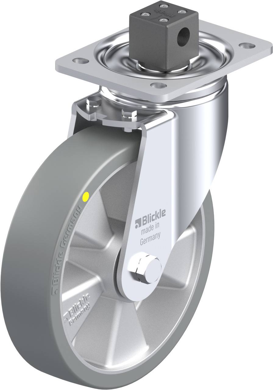 Graue Lenkrolle mit Halterung, Rad aus Kunststoff. Markenaufschrift 'Blickle'. Geeignet für industrielle Anwendungen.