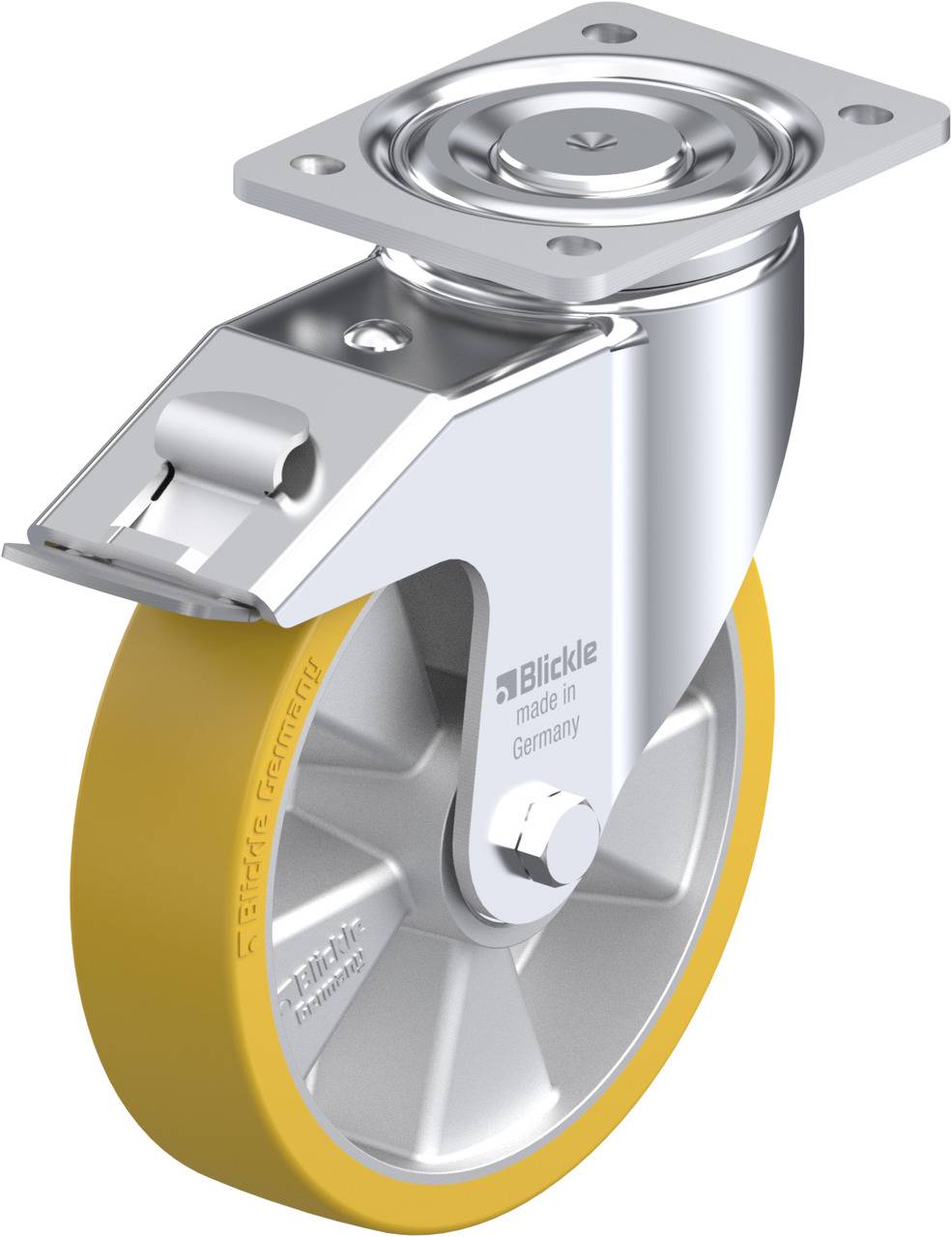 Industrie-Lenkrolle mit gelbem Rad, Metallgehäuse und Befestigungsplatte, Aufschrift 'Blickle made in Germany'.