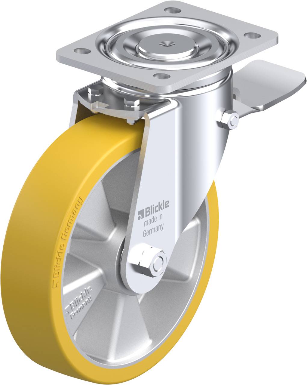 Rollenrad aus Metall mit gelbem Gummi, montiert an einer Metallplatte, geeignet für industrielle Anwendungen. Markierung: 'Blickle'.