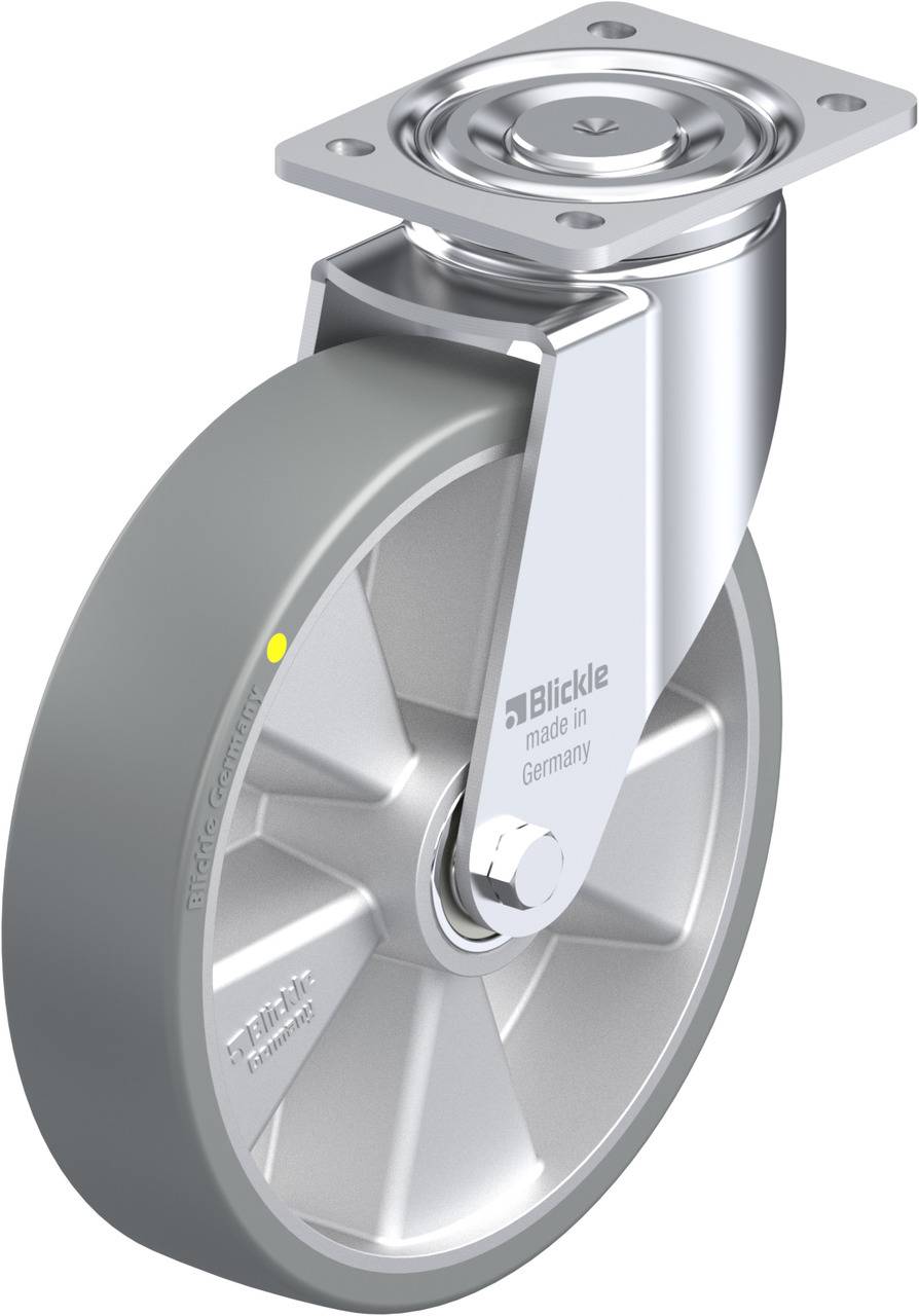 Industrie-Lenkrolle aus Metall mit grauem Rad. Aufschrift auf der Rolle: 'Blickle made in Germany'.