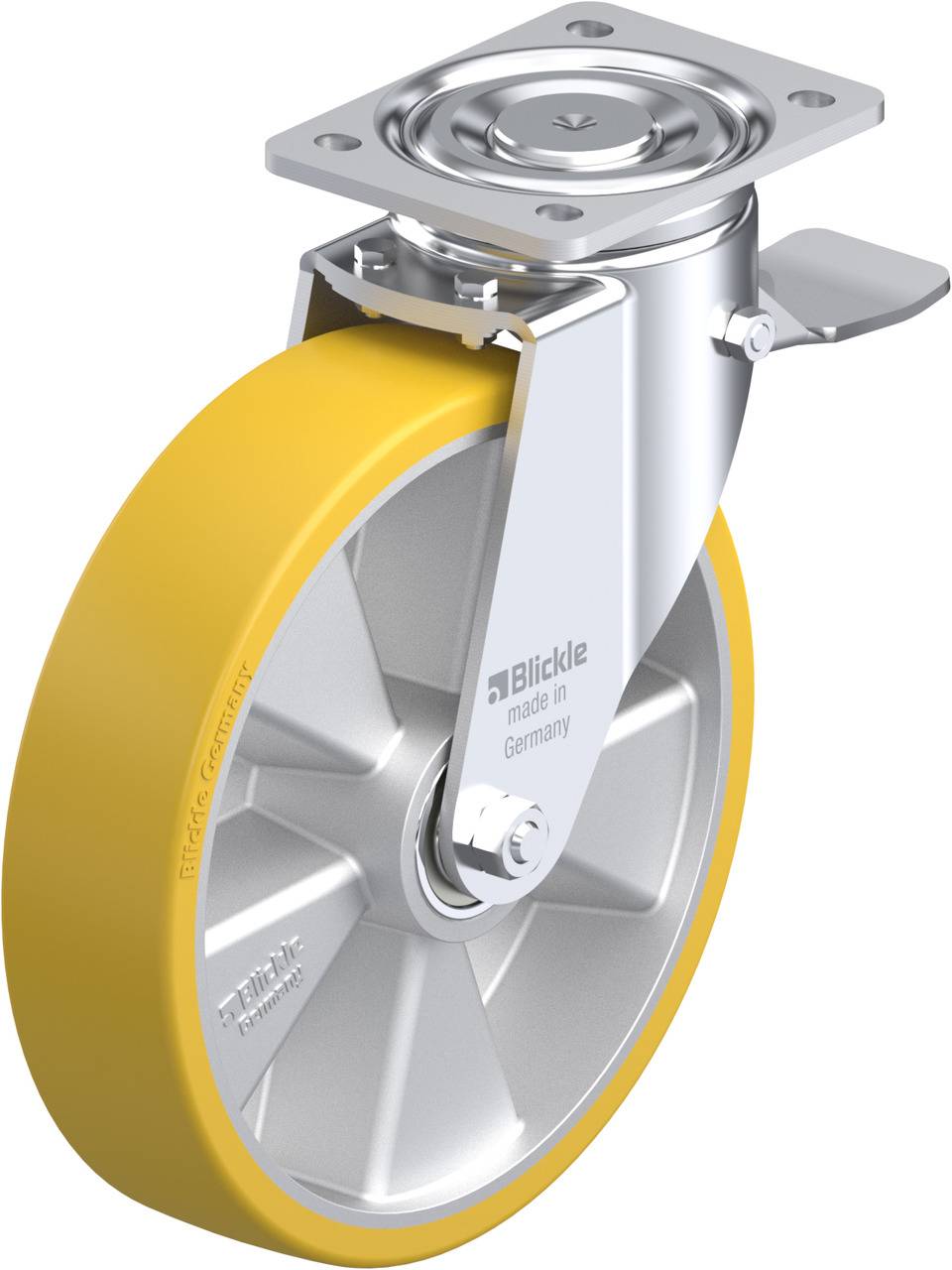 Eine gelbe Laufrolle mit silbernem Gestell, Aufschrift 'Blickle made in Germany'. Geeignet für industrielle Anwendungen.