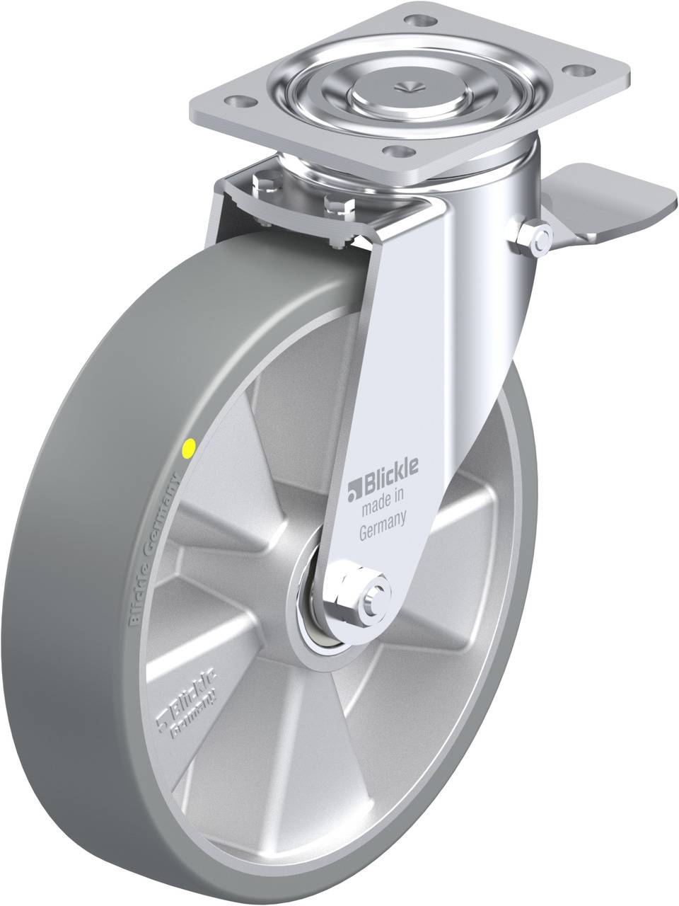 Schwenkrolle mit grauer Gummireifen, Metallgehäuse und Befestigungsplatte, geeignet für schwere Lasten.