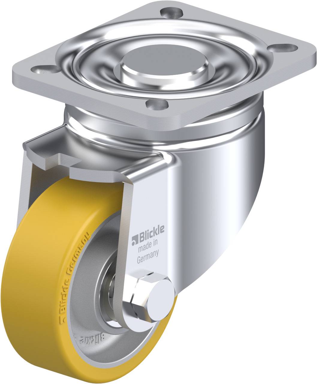 Metallrolle mit gelbem Rad und Befestigungsplatte, geeignet für Transportwagen oder Möbel, Aufschrift: 'Blickle made in Germany'.