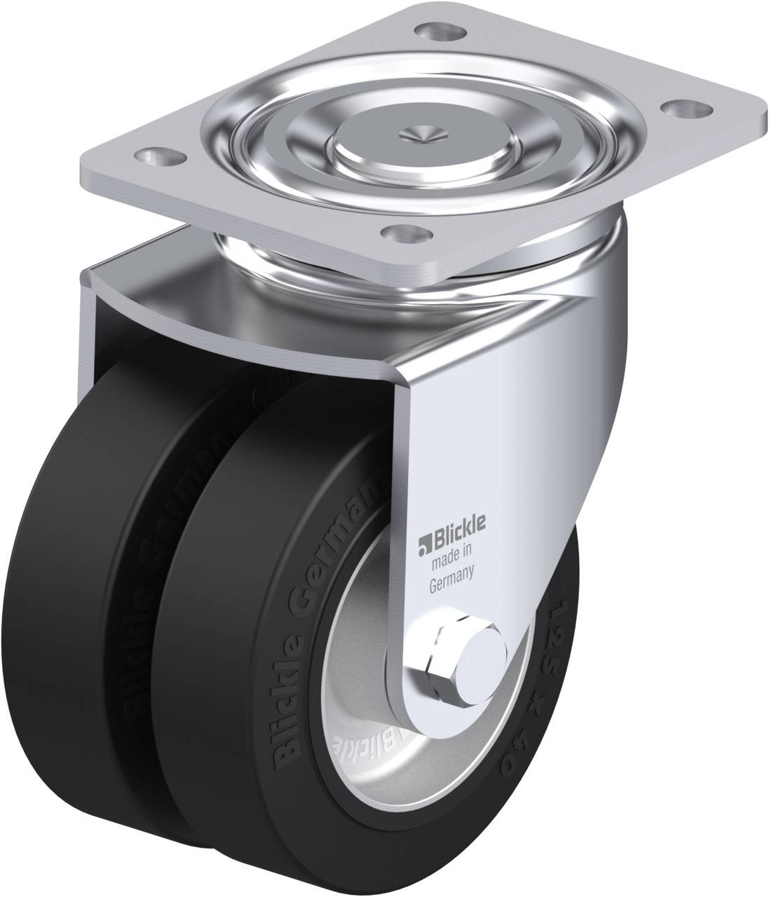 Doppellaufrollen-Bockrolle mit schwarzem Gummi und silbernem Metallgehäuse, geeignet für Möbel oder Transportgeräte.