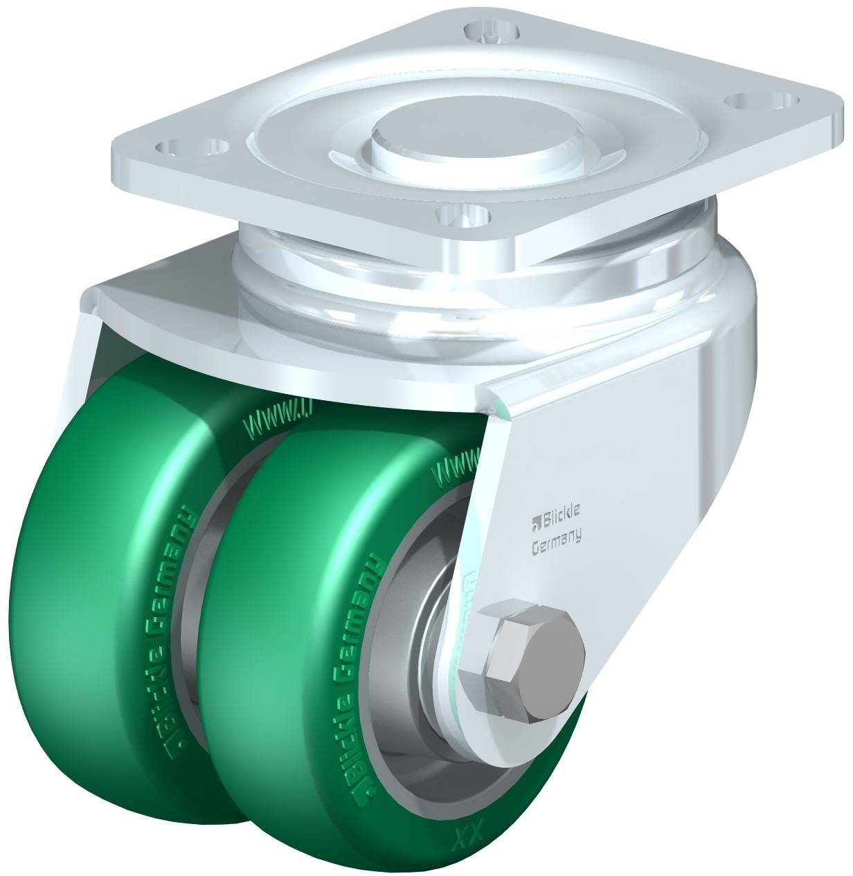 Doppelrollen-Lenkrolle mit grünem, gummiertem Rad und silberner Metallhalterung, vermutlich für Möbel oder Industriebedarf.