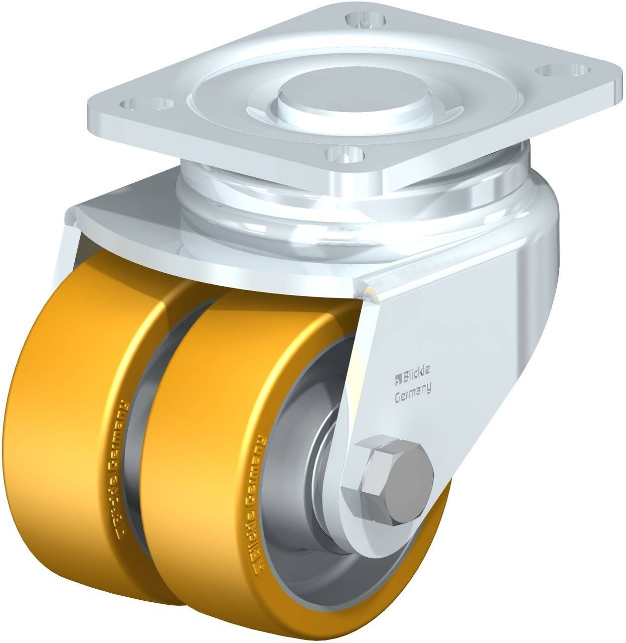Ein doppeltes Rollschwenkrad aus Metall mit gelben Rädern. Es ist auf einer quadratischen Montageplatte befestigt und erlaubt Drehbewegungen.