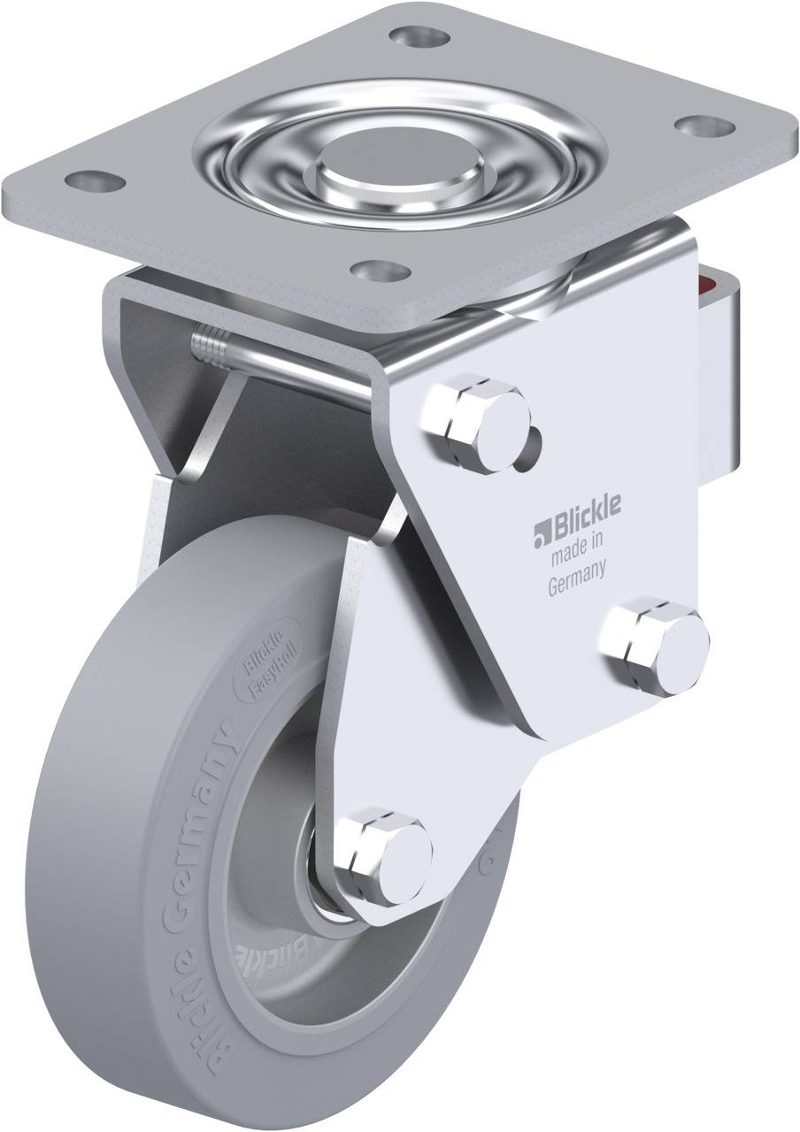 'Dargestellt ist eine graue Lenkrolle mit Metallgehäuse, geeignet für Transportwagen. Sie trägt den Aufdruck 