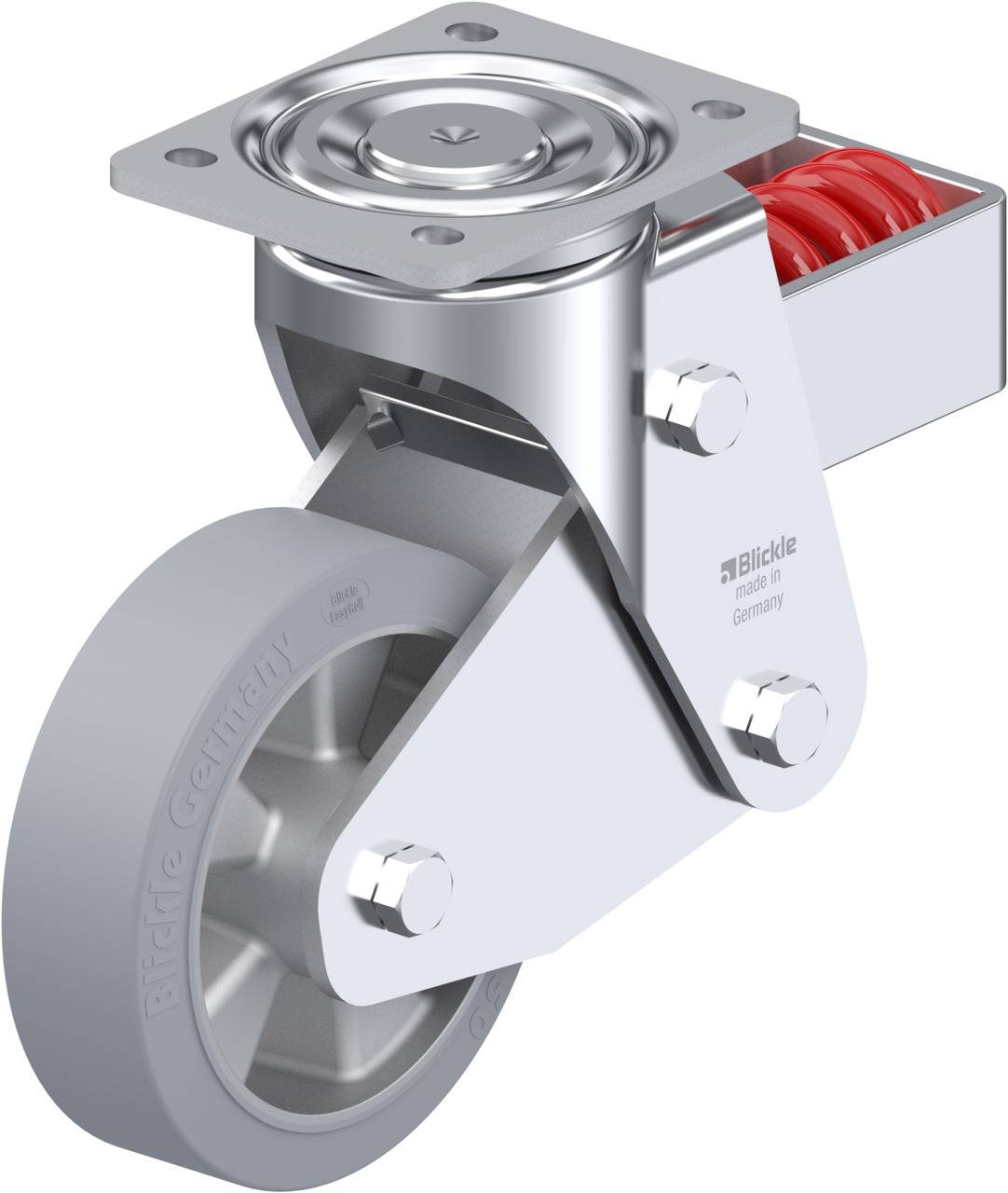 Schwenkrolle aus Metall mit grauem Rad und roter Feder, geeignet für industrielle Anwendungen.