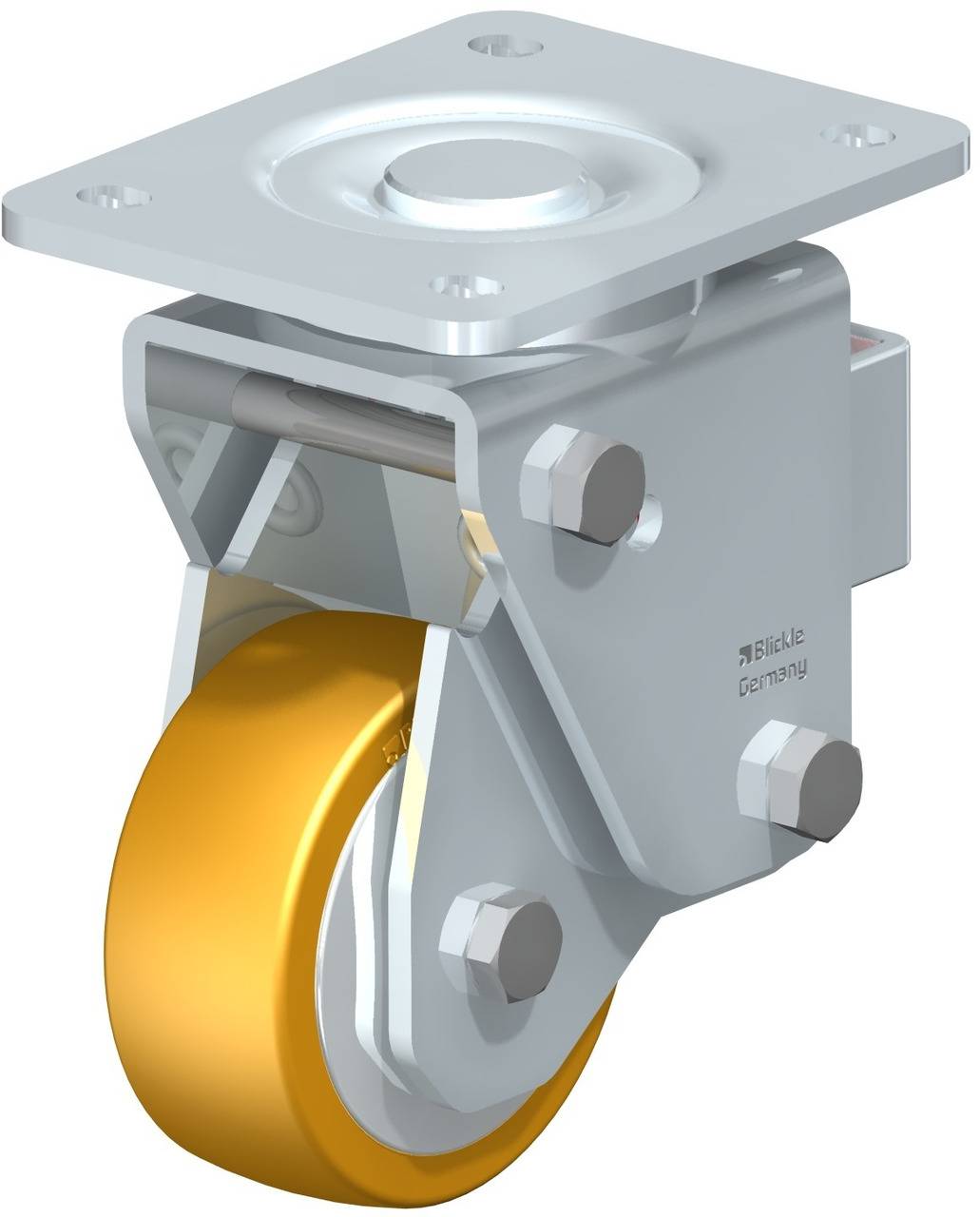 Ein einzelnes Lenkrollenrad aus Metall und Kunststoff, montiert auf einer quadratischen Metallplatte, geeignet für Möbel oder Transportausrüstung.