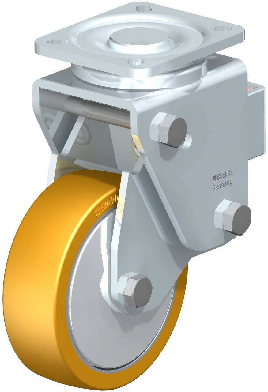 Industrie-Lenkrolle mit gelbem Polyurethanrad und silberner Halterung, geeignet für Maschinen oder Transportwagen.