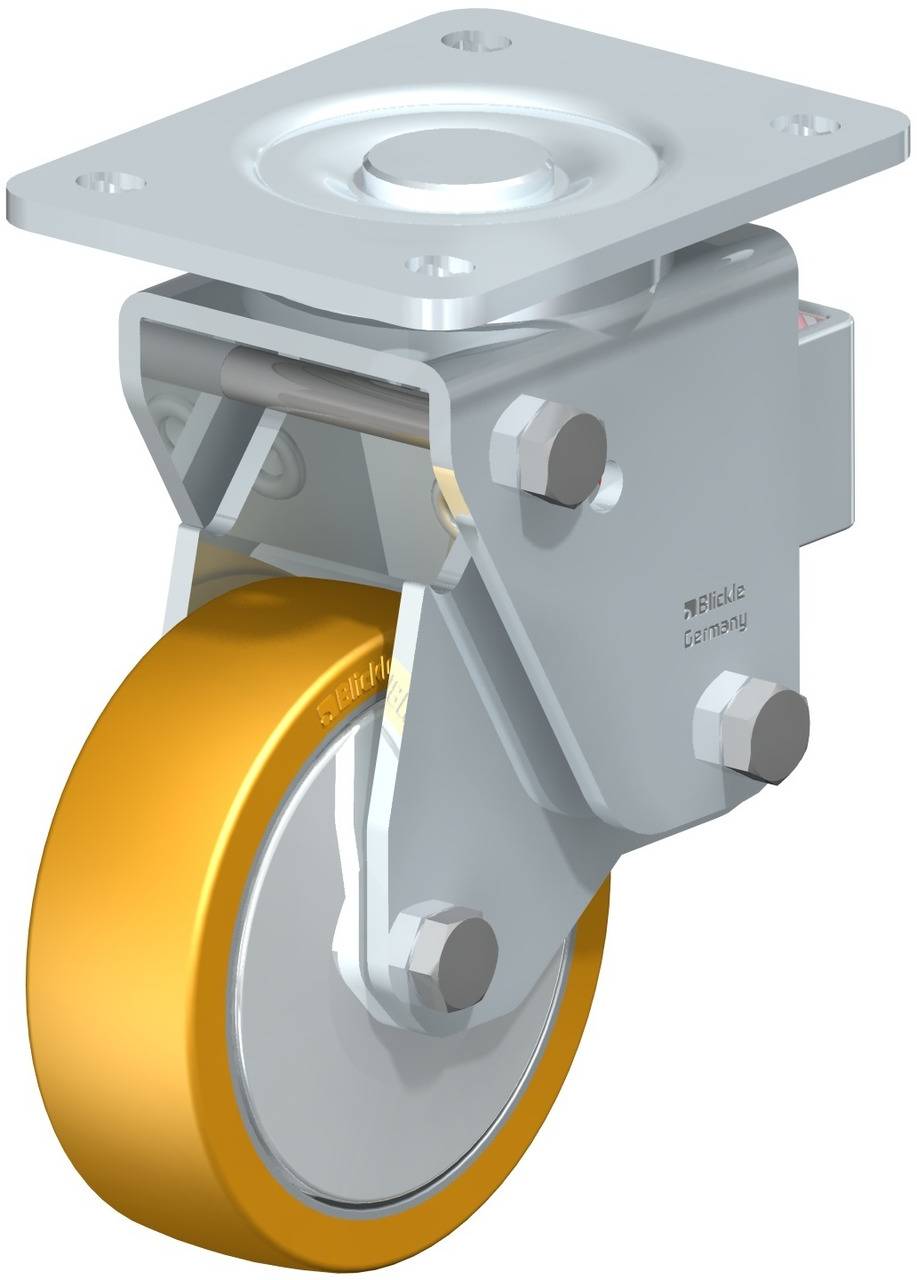 Ein Schwerlast-Schwenkroller mit goldfarbigem Rad und silbernem Gehäuse. Geeignet für industrielle Anwendungen, robust und langlebig.