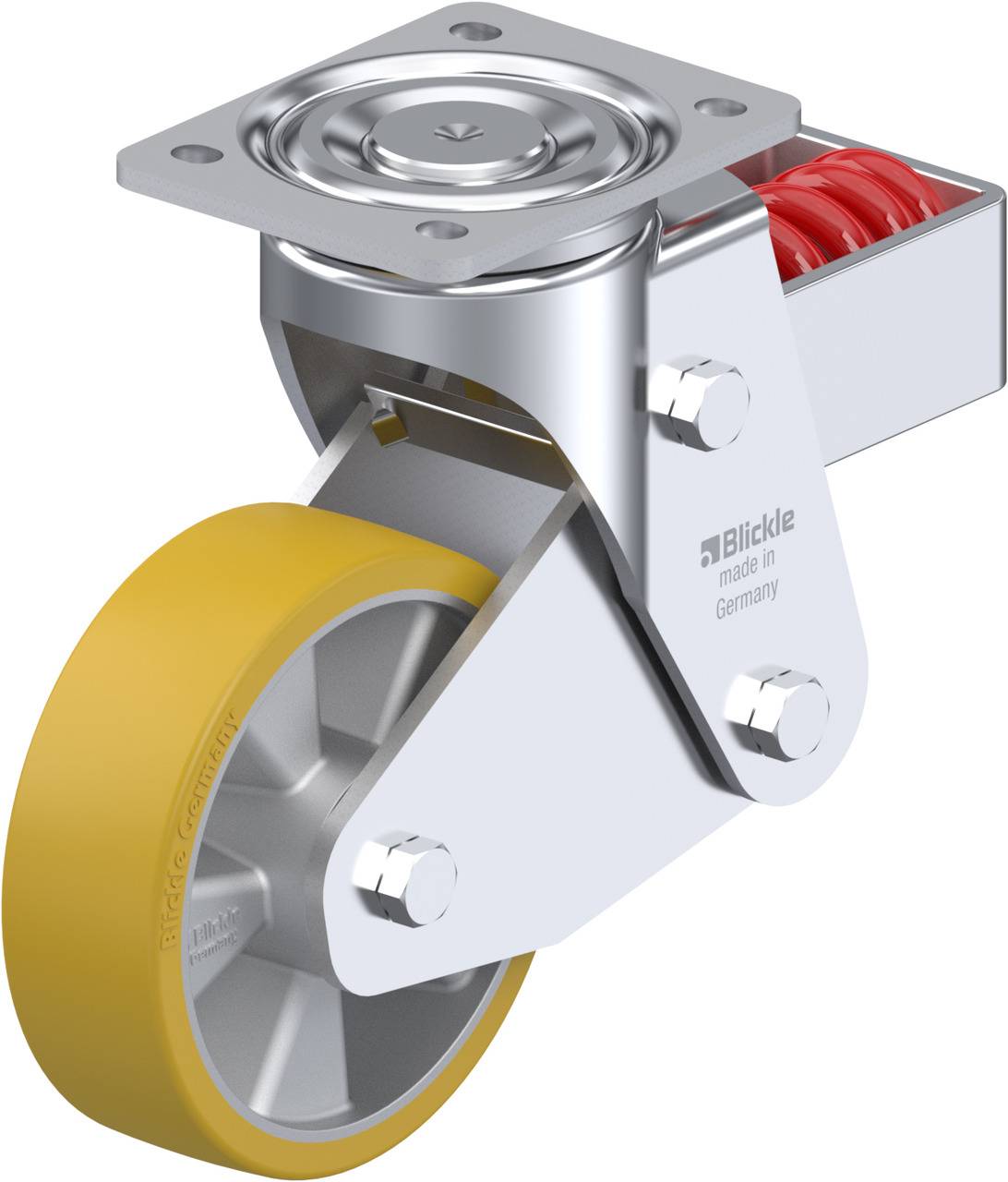 Graues drehbares Schwerlastrad mit gelbem  Rad und rotem Stoßdämpfer. Aufschrift: Blickle, Made in Germany.