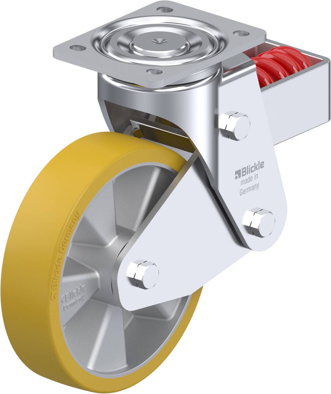 Schwenkrolle mit gelbem Rad und rotem Federnmechanismus, aus Metall gefertigt; Produkt von 'Blickle'.
