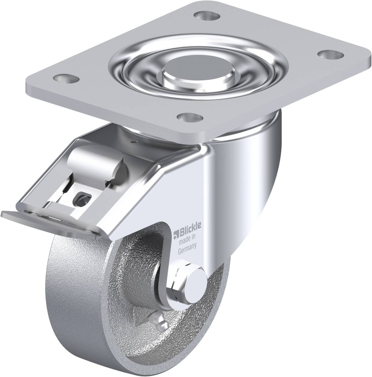 Schwenkrolle aus Metall mit runder Lauffläche und Befestigungsplatte, geeignet für industrielle Anwendungen.