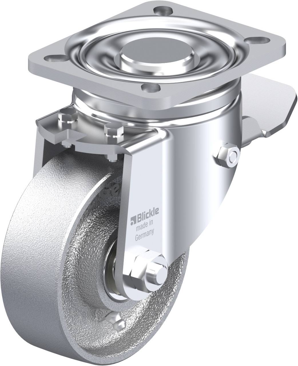 Industrielle Lenkrolle aus Metall mit Befestigungsplatte und Drehgelenk, geeignet für schwere Lasten. Hergestellt in Deutschland.