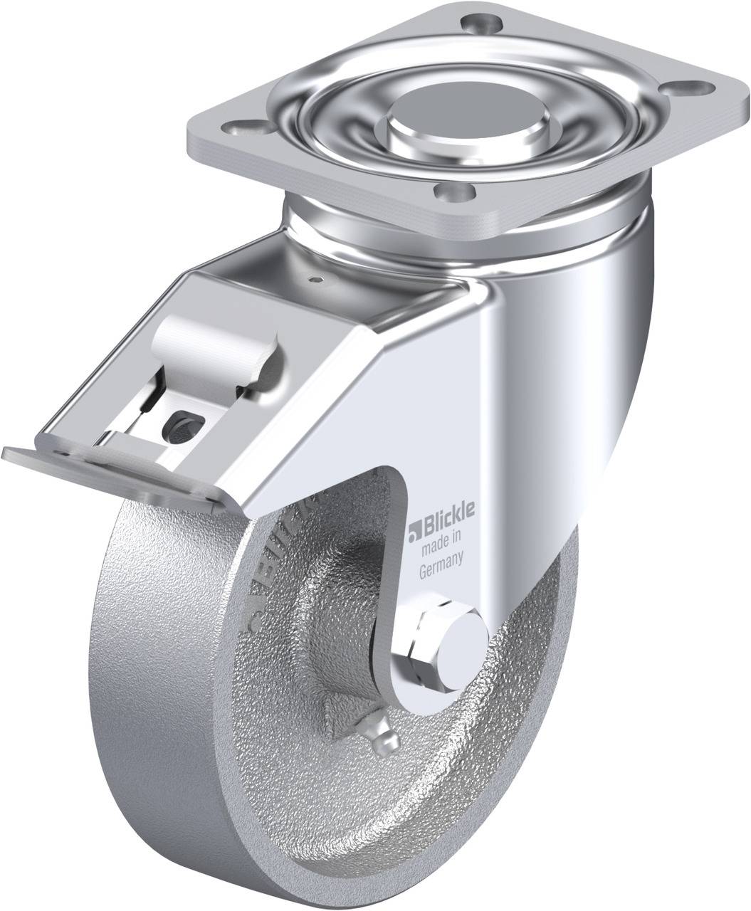 'Lenkrolle aus Metall mit grauem Rad und Befestigungsplatte. Aufschrift 