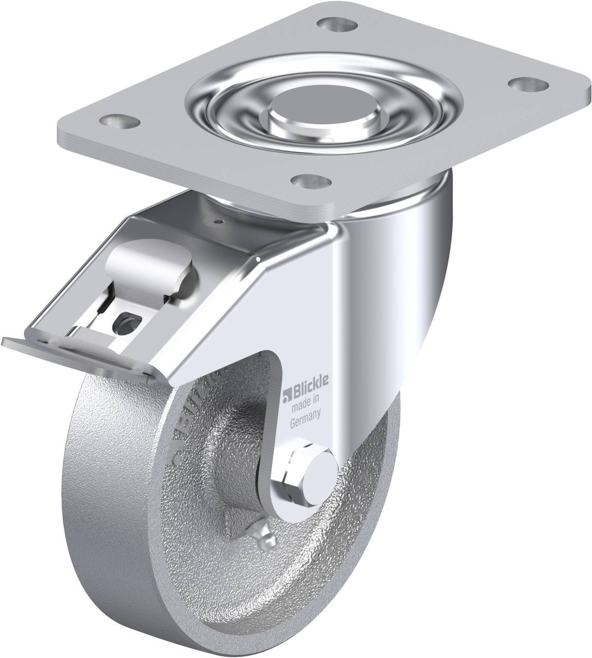 Metallrolle mit quadratischer Befestigungsplatte und Drehgelenk; Oberflächen glänzend, für Möbel oder industrielle Anwendungen.