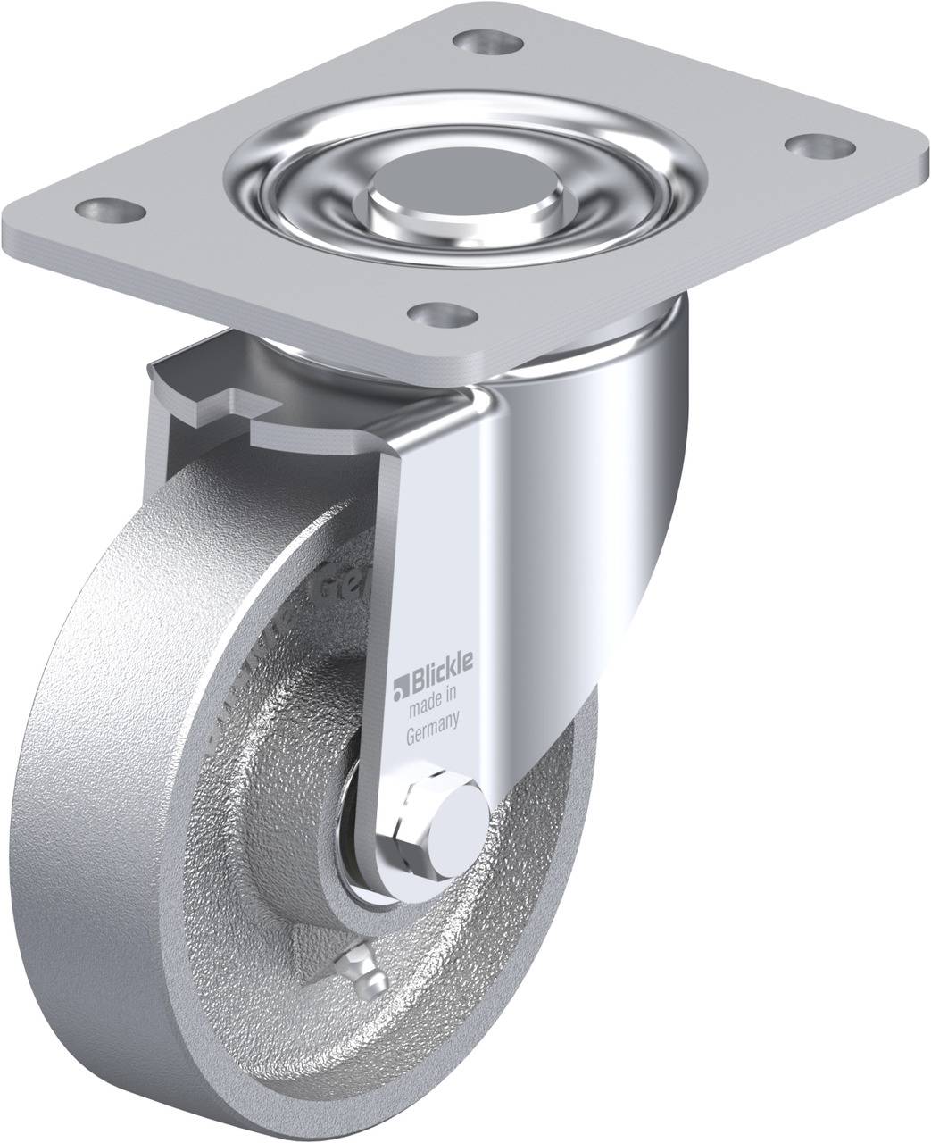 Ein einzelnes kugelgelagertes Lenkrollenrad mit rechteckiger Befestigungsplatte, industrietauglich, mit silbernem Metall-Finish.