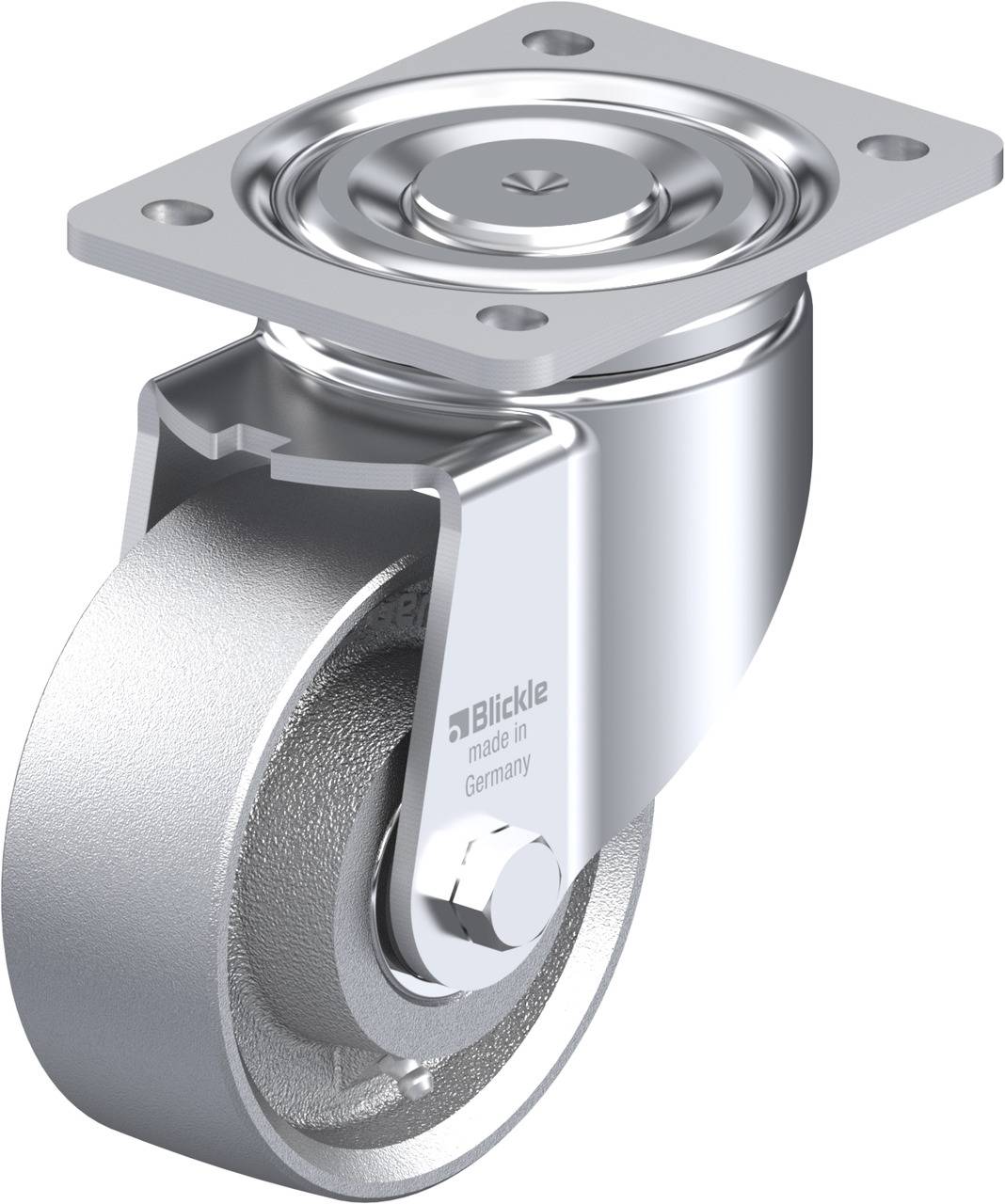 Industrie-Lenkrolle mit Stahlgehäuse und Befestigungsplatte, geeignet für Schwerlastanwendungen. Hergestellt in Deutschland.