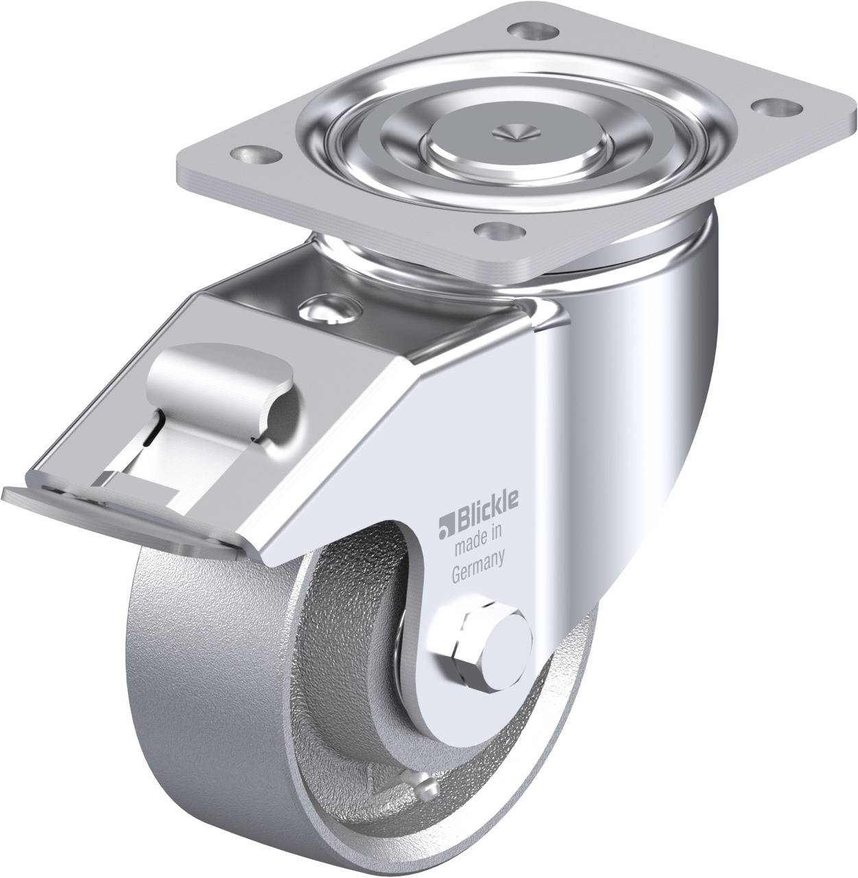 Lenkrolle aus Metall mit rechteckiger Platte zur Befestigung. Hochwertig verarbeitet, geeignet für Möbel- oder Geräteverwendung.