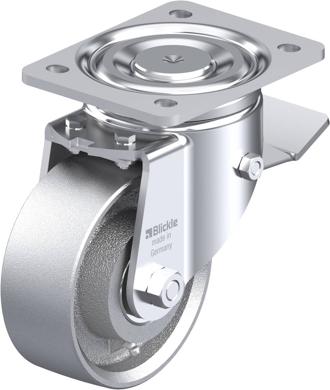 Metallisches Schwenkrollenrad mit rechteckiger Montageplatte, kugelgelagert. Aufschrift: 'Blickle made in Germany'.