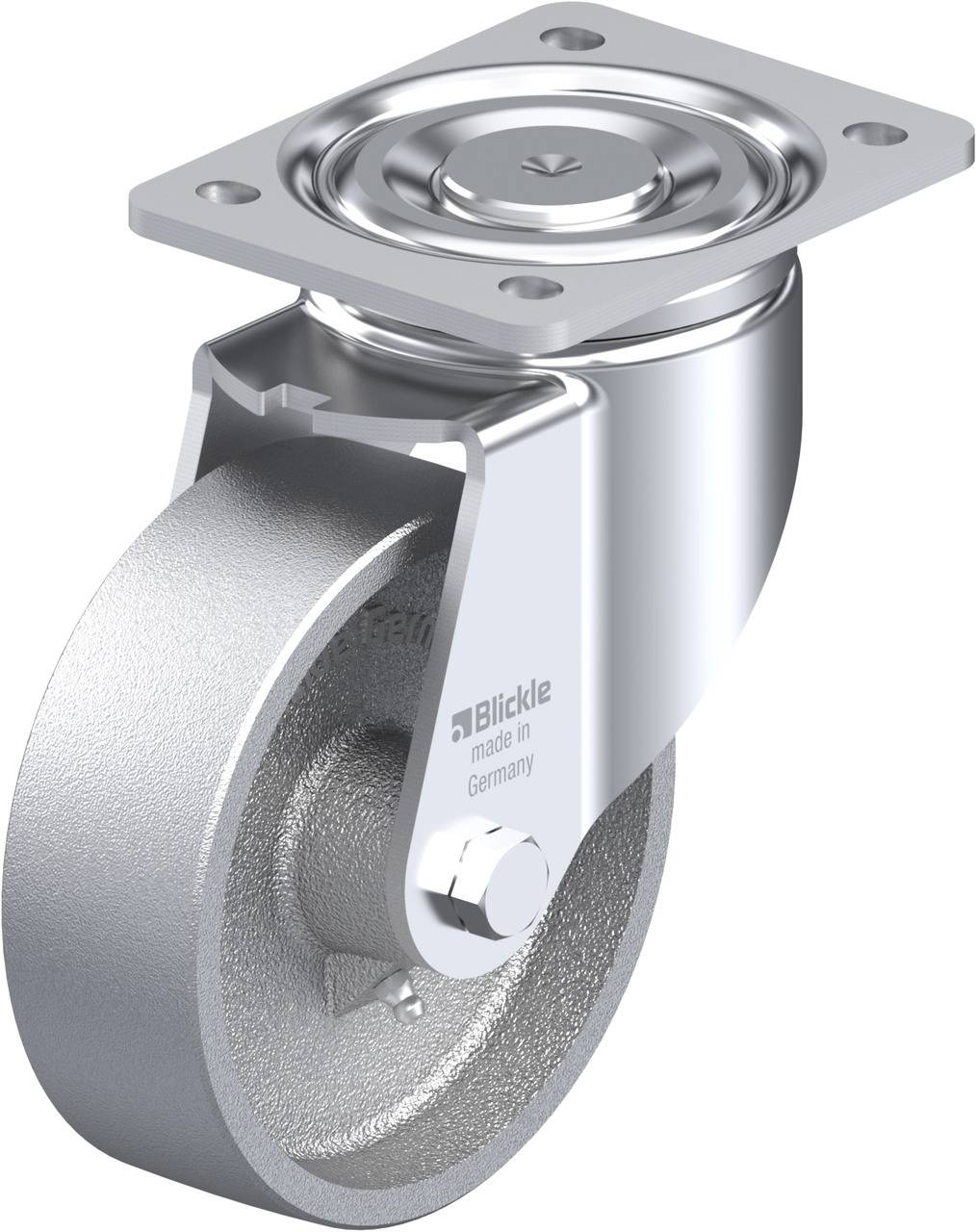 Metallisches Lenkrollenrad mit rechteckiger Befestigungsplatte, geeignet für schwere Lasten, industrieller Einsatz.