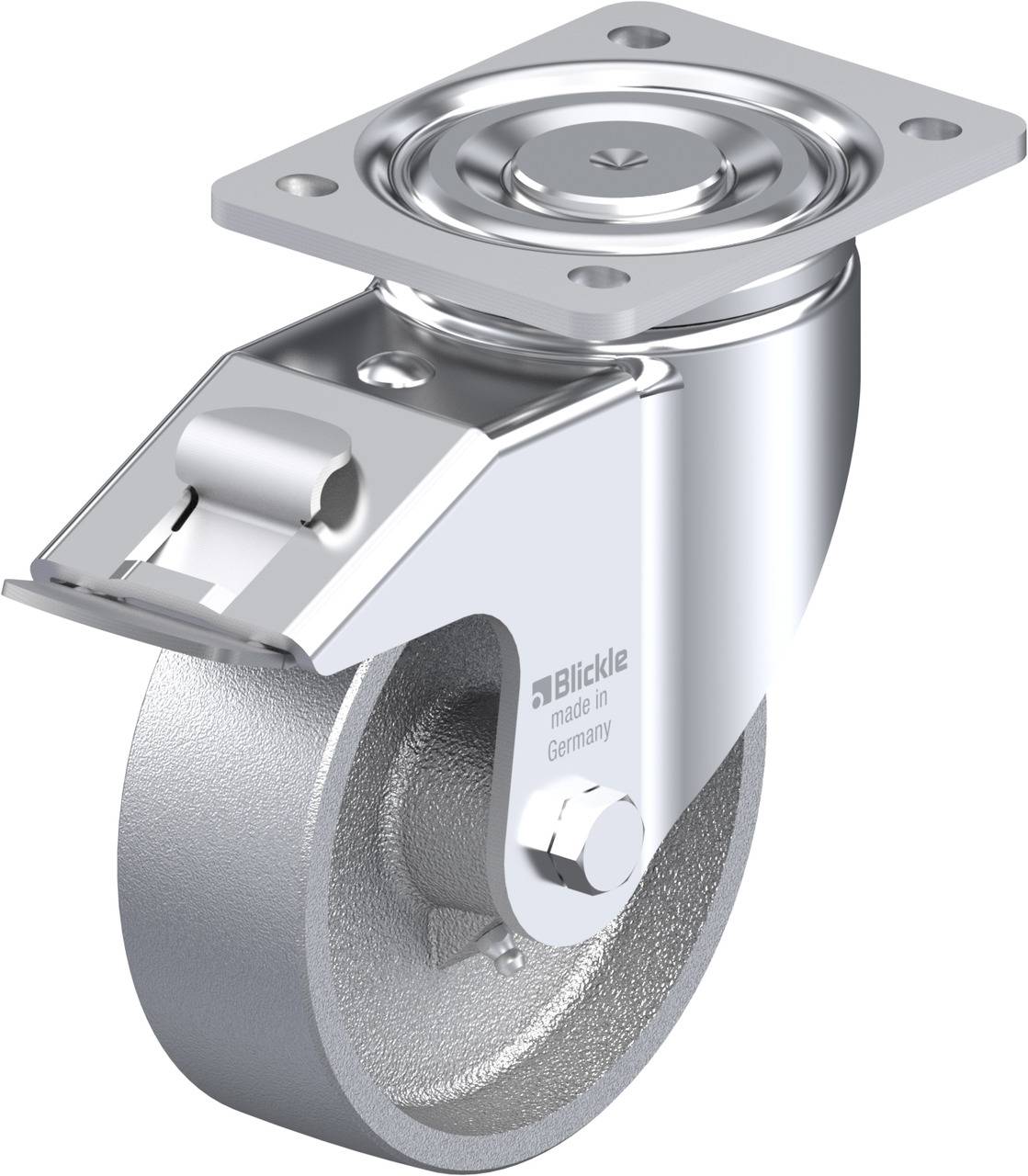 'Lenkrolle aus Metall mit Bremsvorrichtung, eingeprägter Schriftzug 