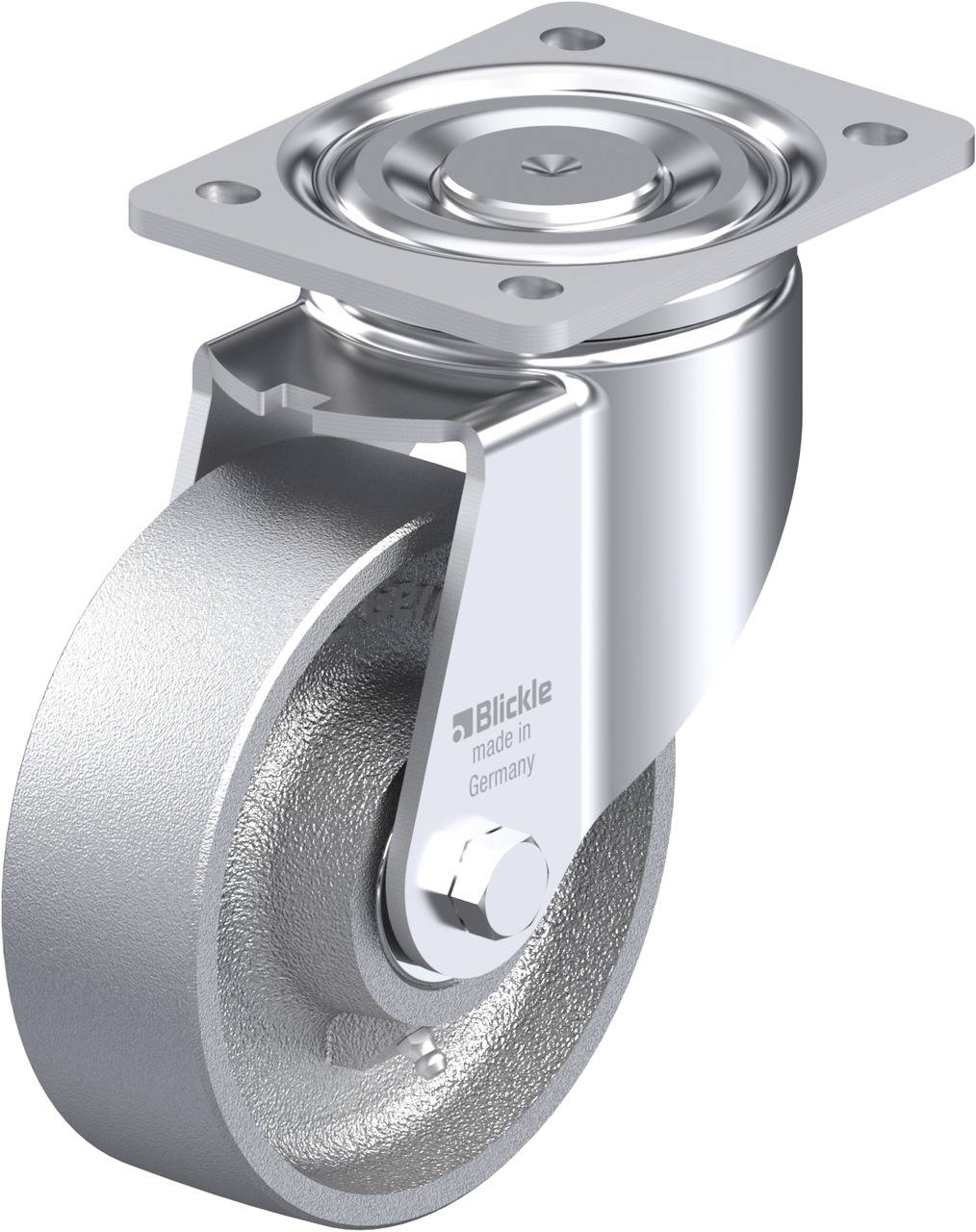 Metallisches Schwenkrollenrad mit Befestigungsplatte, geeignet für Industrieanwendungen; robuster Aufbau, glänzende Oberfläche.