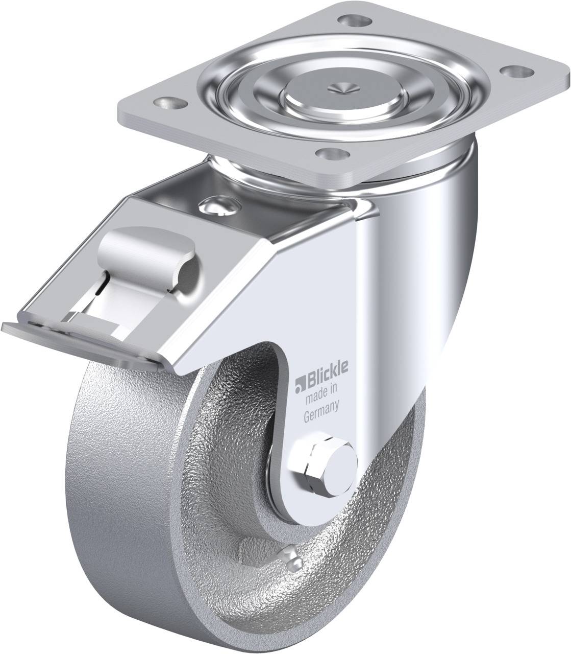 Ein silbernes drehbares Schwerlastrad aus Metall mit Befestigungsplatte und Stoppvorrichtung, geeignet für industrielle Anwendungen.