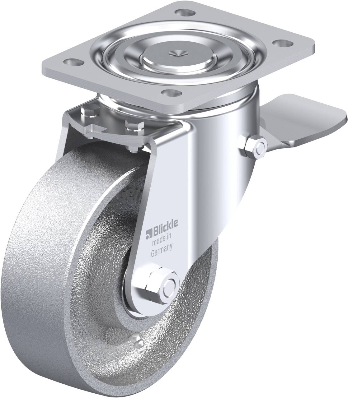 Metallenes Lenkrolle mit Befestigungsplatte, geeignet für industrielle Anwendungen. Erleichtert die Bewegung schwerer Geräte.
