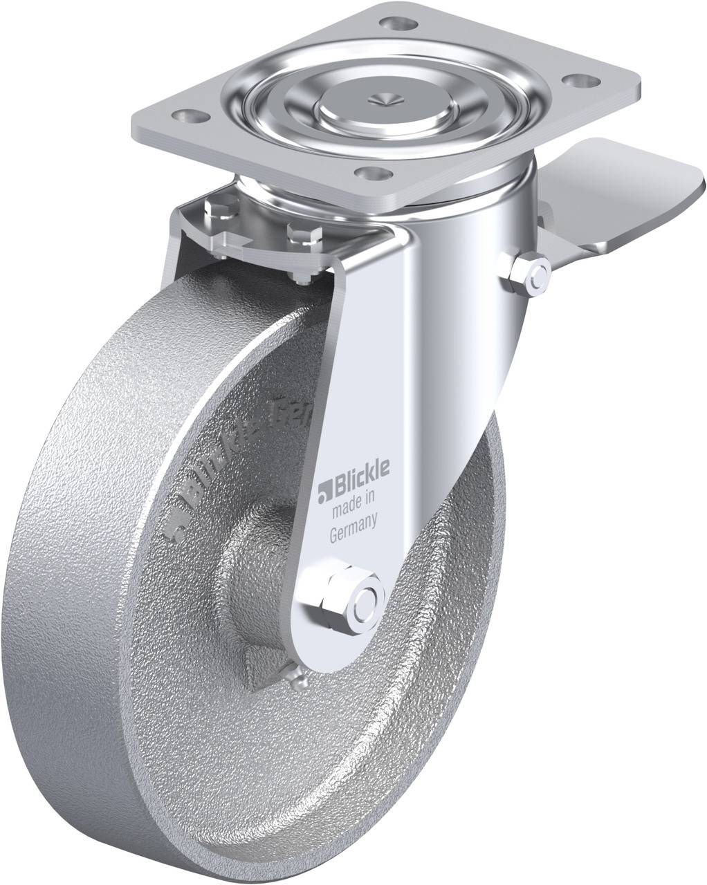 Ein schweres, silbernes Lenkrolle-Rad mit Metallgehäuse, geeignet für industrielle Anwendungen, hergestellt in Deutschland.