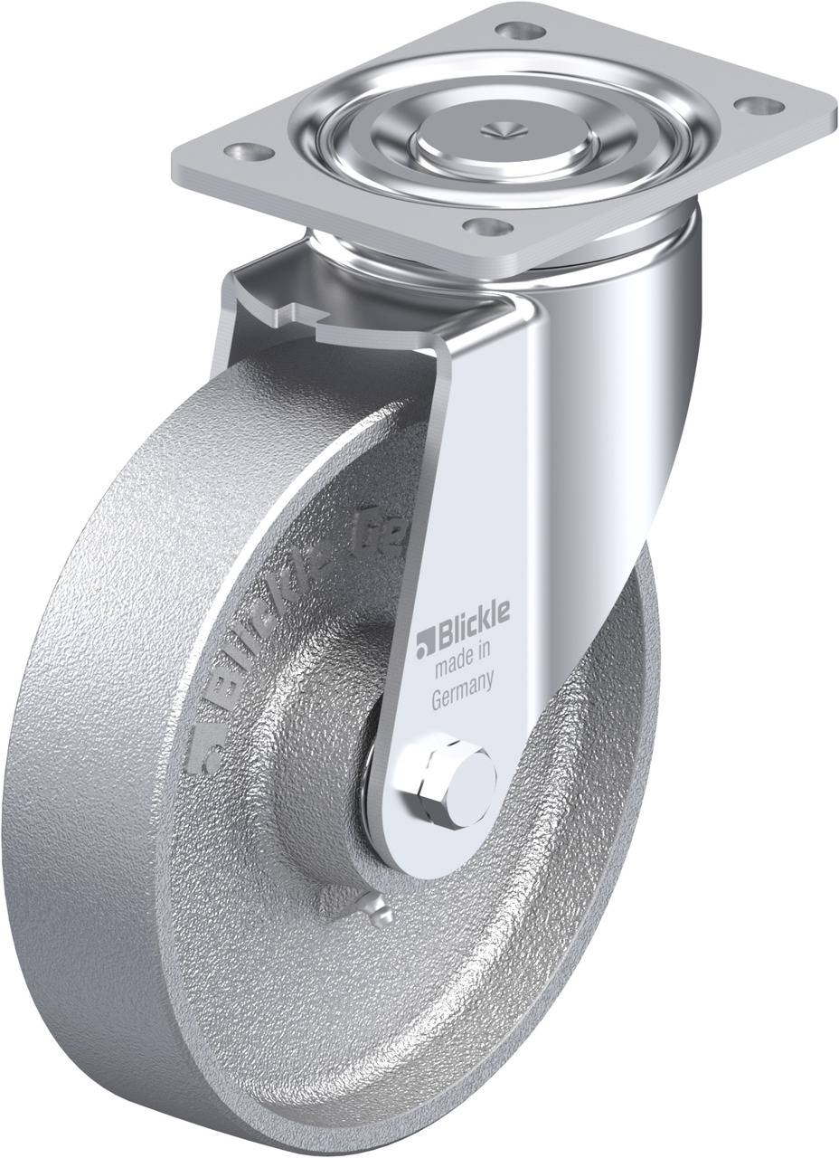 Ein silbernes Schwenkrad mit Platte für Befestigung, glänzend und robust, geeignet für industrielle Anwendungen. Beschriftung: 'Blickle made in Germany'.